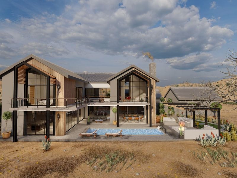 A modern architectural rendering of a rear exterior view featuring a swimming pool, covered patio, and expansive glass windows in a desert landscape.