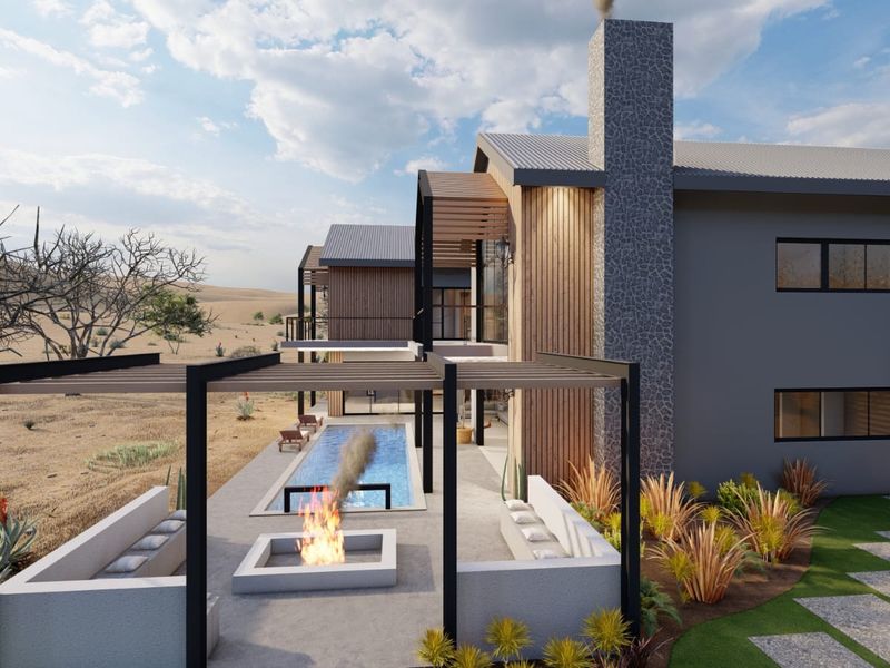 Modern architectural rear elevation featuring a swimming pool, built-in fire pit area, stone-clad chimney, and timber-accented facade in a landscaped setting.