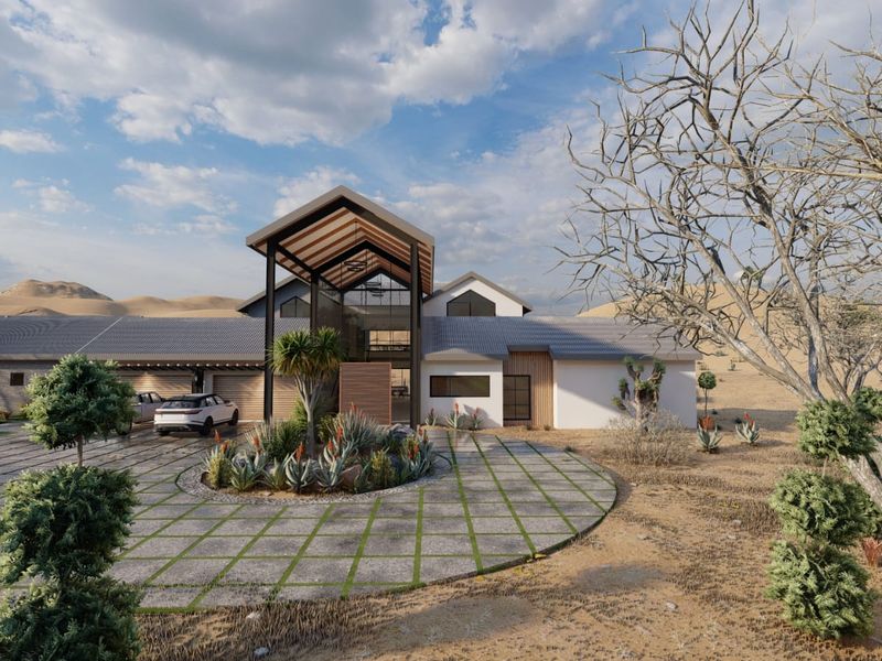A modern architectural front elevation featuring a striking pitched roof entrance, glass facade, and a spacious paved driveway with integrated landscaping.