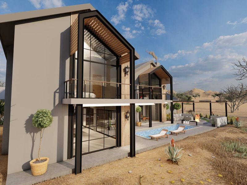 Modern architectural rear elevation featuring a swimming pool, expansive glass facades, timber accents, and a spacious patio area in a desert landscape.
