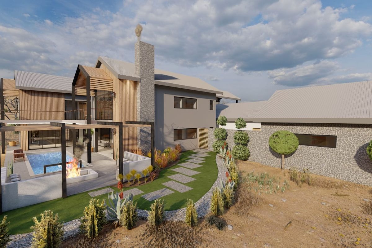 A modern architectural rendering of a rear exterior featuring a swimming pool, stone chimney, timber accents, and a landscaped garden with a paved walkway.
