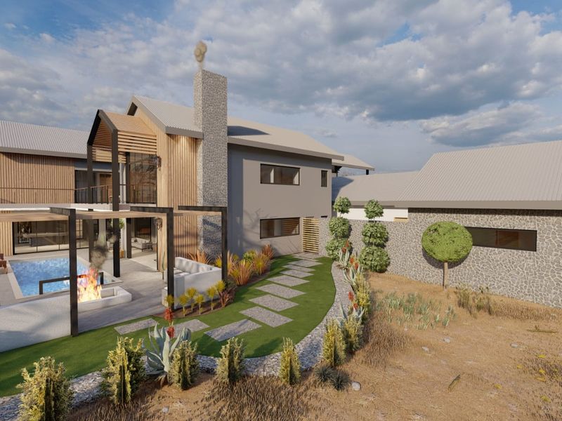 A modern architectural rendering of a rear exterior featuring a swimming pool, stone chimney, timber accents, and a landscaped garden with a paved walkway.