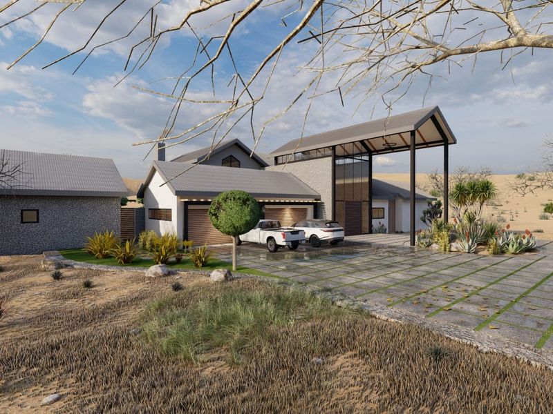 Modern architectural house design featuring a prominent covered entrance, stone facade, and a spacious paved driveway in a desert landscape setting.