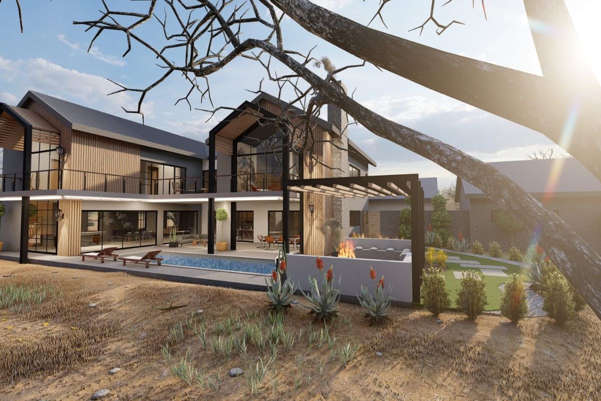 Modern architectural rear elevation featuring a swimming pool, covered patio with built-in fire pit, and expansive glass facade with timber and stone accents.