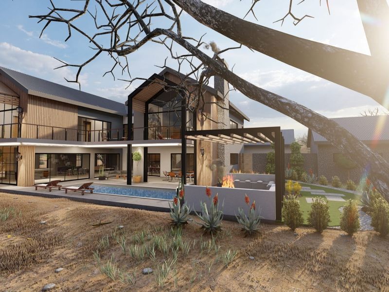 Modern architectural rear elevation featuring a swimming pool, covered patio with built-in fire pit, and expansive glass facade with timber and stone accents.
