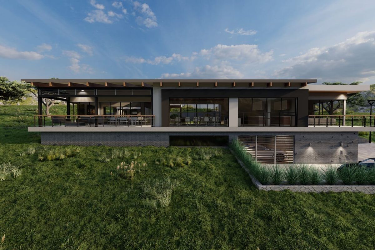 Modern architectural rear elevation featuring a spacious covered patio, expansive glass sliding doors, and integrated garage access set within a landscaped garden.