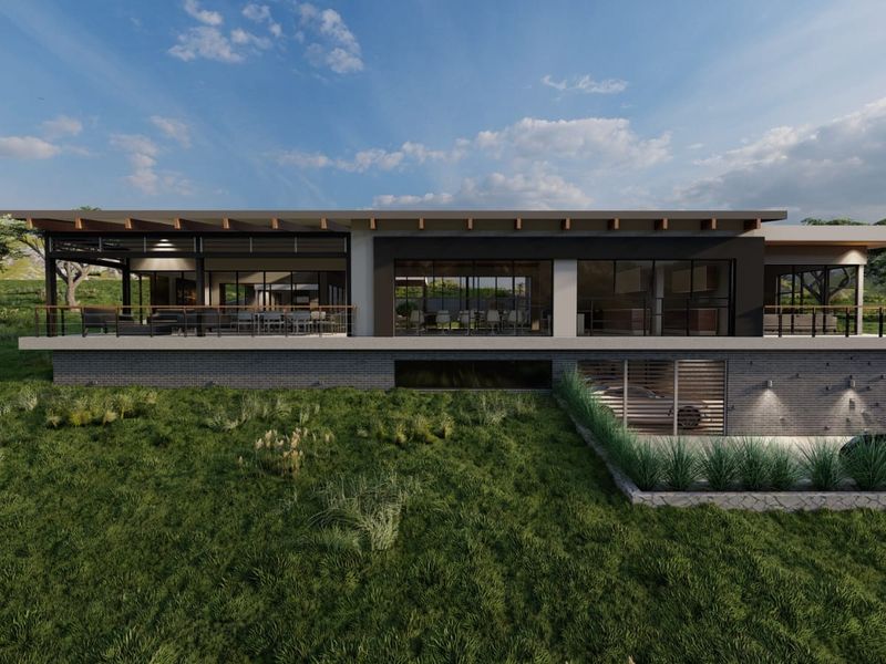 Modern architectural rear elevation featuring a spacious covered patio, expansive glass sliding doors, and integrated garage access set within a landscaped garden.