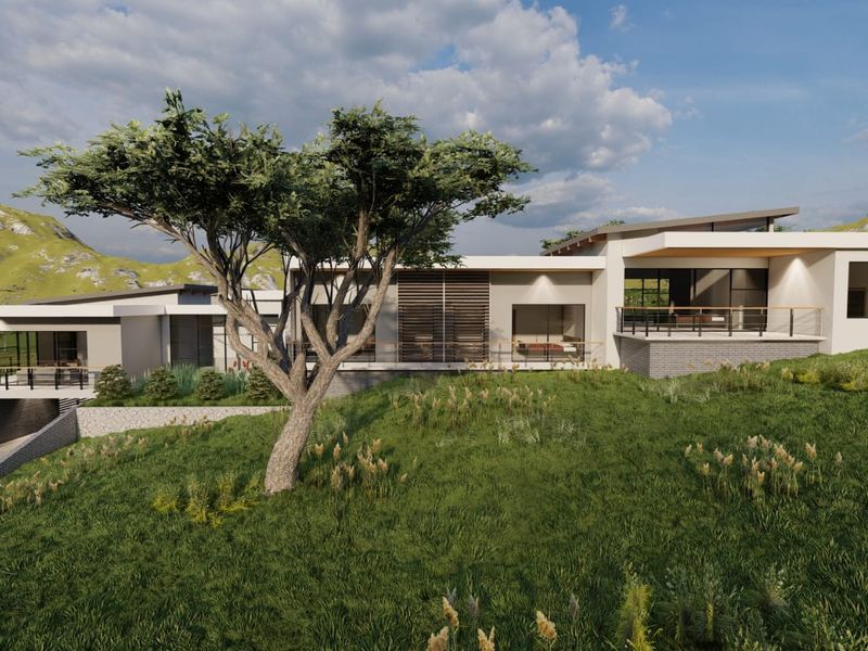 A modern architectural rendering of a contemporary home featuring clean lines, stone accents, and expansive outdoor patio areas set against a scenic landscape.