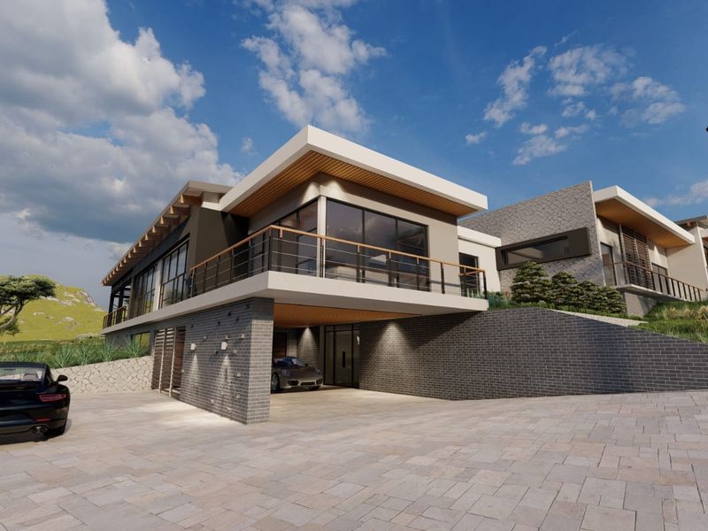 Modern architectural exterior featuring stone cladding, a spacious balcony, and integrated covered parking with paved driveway access.