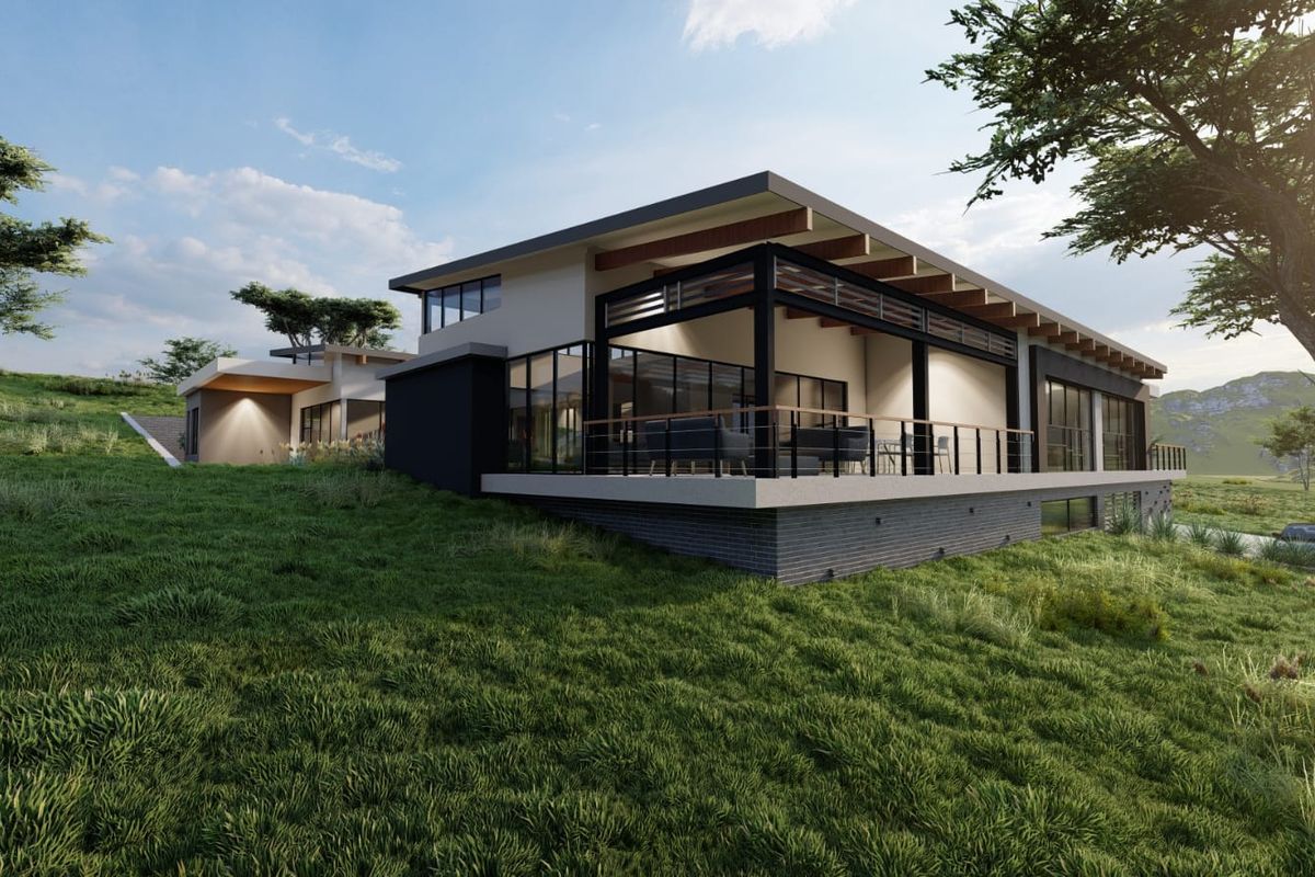 A modern architectural rear elevation featuring a spacious covered patio, large glass sliding doors, and exposed timber beams set in a landscaped hillside environment.