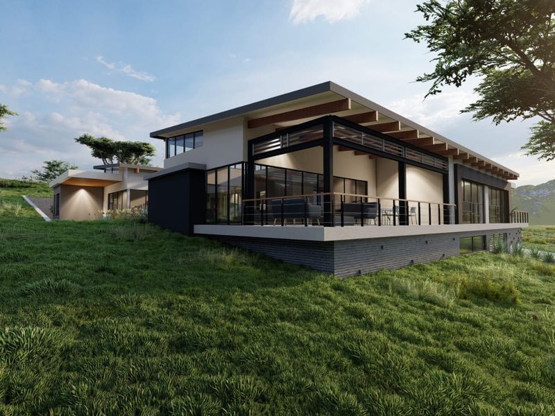 A modern architectural rear elevation featuring a spacious covered patio, large glass sliding doors, and exposed timber beams set in a landscaped hillside environment.