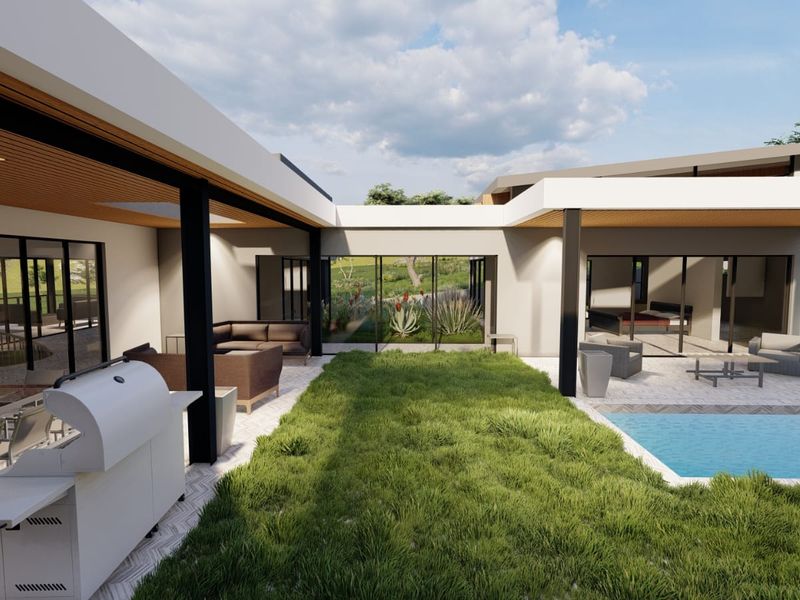 Modern outdoor entertainment area featuring a covered patio, swimming pool, and seamless indoor-outdoor flow through large sliding glass doors.
