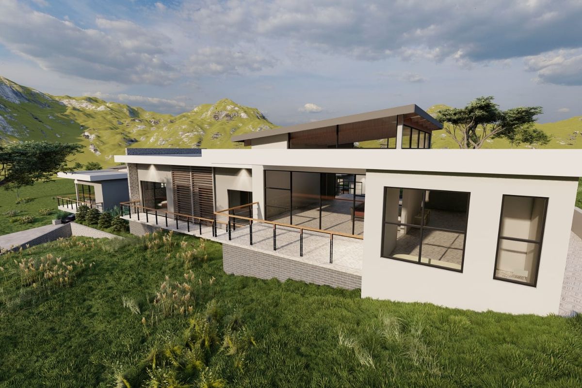 A modern architectural design featuring a spacious rear patio with expansive glass doors, overlooking a scenic landscape.