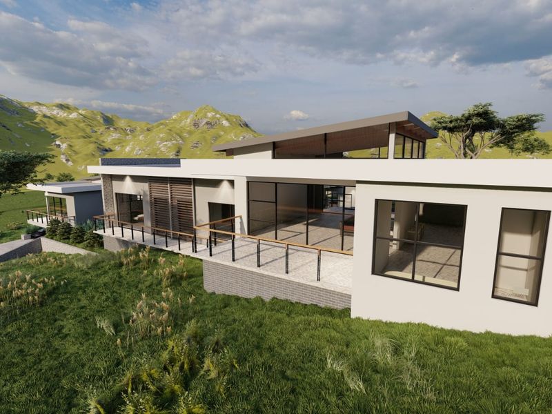 A modern architectural design featuring a spacious rear patio with expansive glass doors, overlooking a scenic landscape.