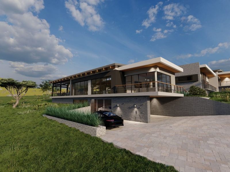 Modern architectural house design featuring a paved driveway, integrated garage, and expansive balcony with large glass windows overlooking a landscaped hillside.