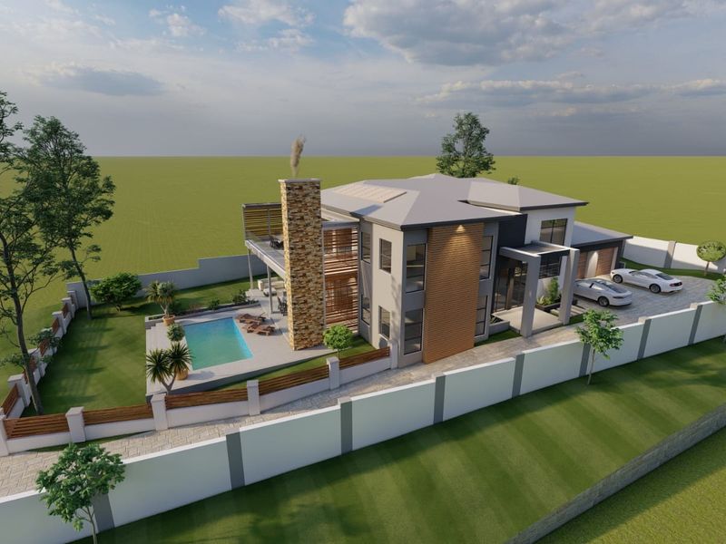 Aerial view of a modern two-story residential property featuring a swimming pool, stone chimney, perimeter wall, and integrated double garage.