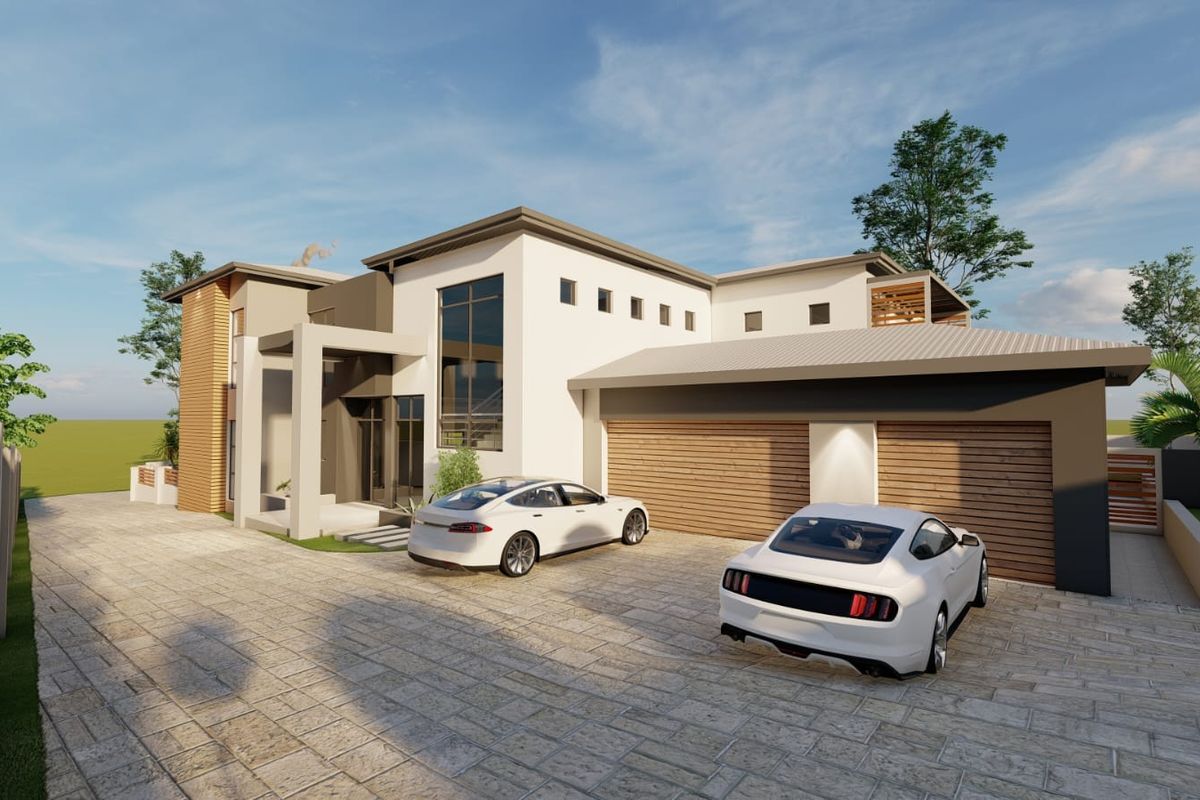 Modern architectural front elevation featuring a double garage, paved driveway, and contemporary facade design with large windows and timber accents.