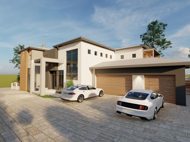 Modern architectural front elevation featuring a double garage, paved driveway, and contemporary facade design with large windows and timber accents.