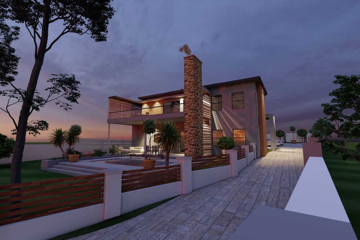 A modern two-story residential property featuring a prominent stone chimney, upper-level balcony, and a paved driveway at dusk.