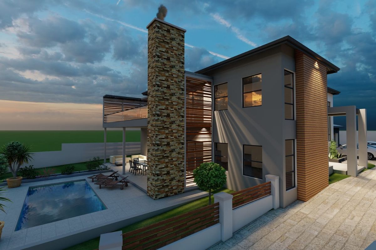 A modern two-story residence featuring a stone-clad chimney, swimming pool, and covered patio area, showcasing contemporary architectural design and finishes.