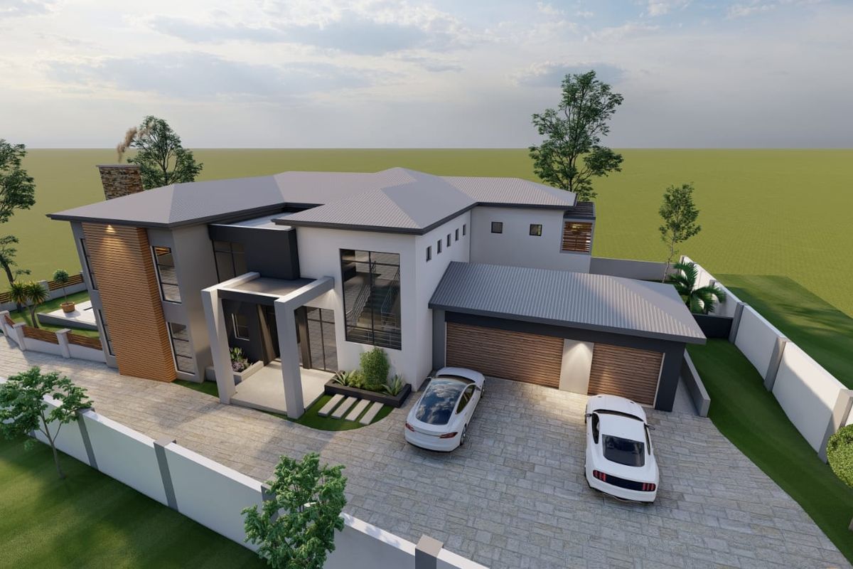 Aerial view of a modern architectural house design featuring a double garage, paved driveway, and contemporary exterior finishes.