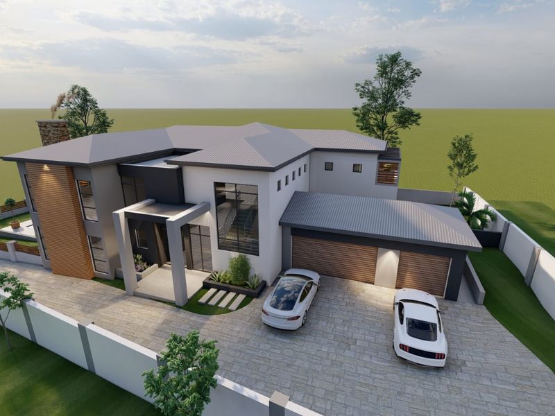 Aerial view of a modern architectural house design featuring a double garage, paved driveway, and contemporary exterior finishes.