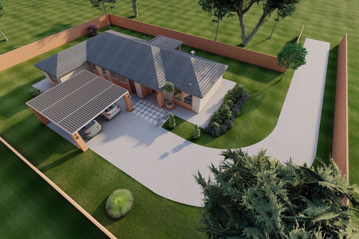 An aerial view of a residential property featuring a tiled roof, paved driveway, carport, and a well-maintained garden enclosed by a brick perimeter wall.
