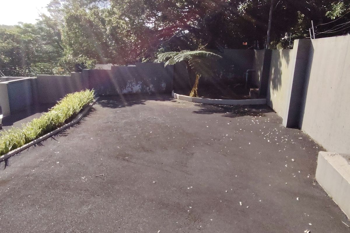 A paved rear exterior area featuring concrete boundary walls with integrated electric fencing and established garden landscaping.