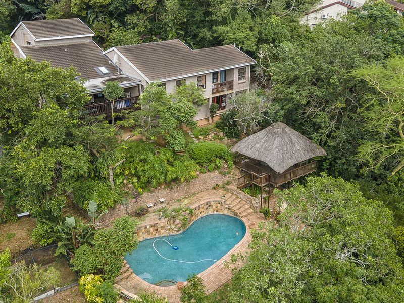 Aerial view of a multi-level house featuring a swimming pool, stone-paved surround, and a detached thatched gazebo nestled in a lush, wooded garden setting.