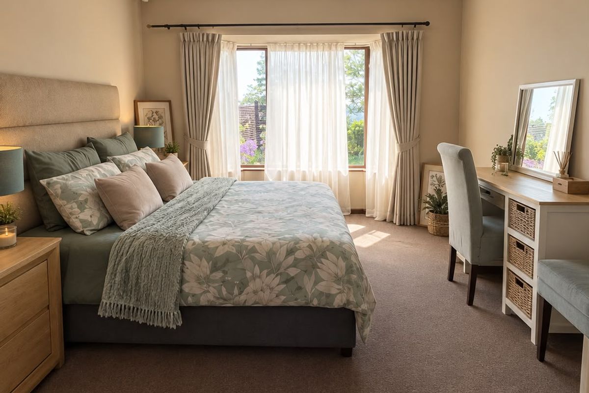 A well-maintained bedroom featuring neutral wall tones, carpeted flooring, and a large window with natural light, creating a comfortable and inviting living space.