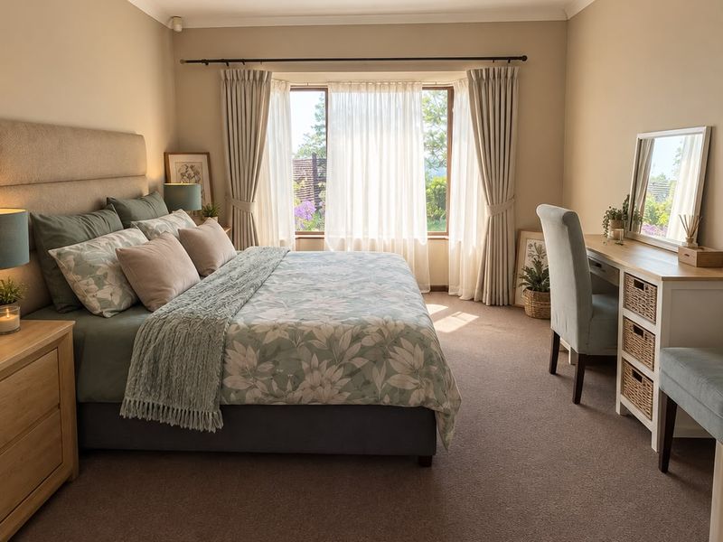 A well-maintained bedroom featuring neutral wall tones, carpeted flooring, and a large window with natural light, creating a comfortable and inviting living space.