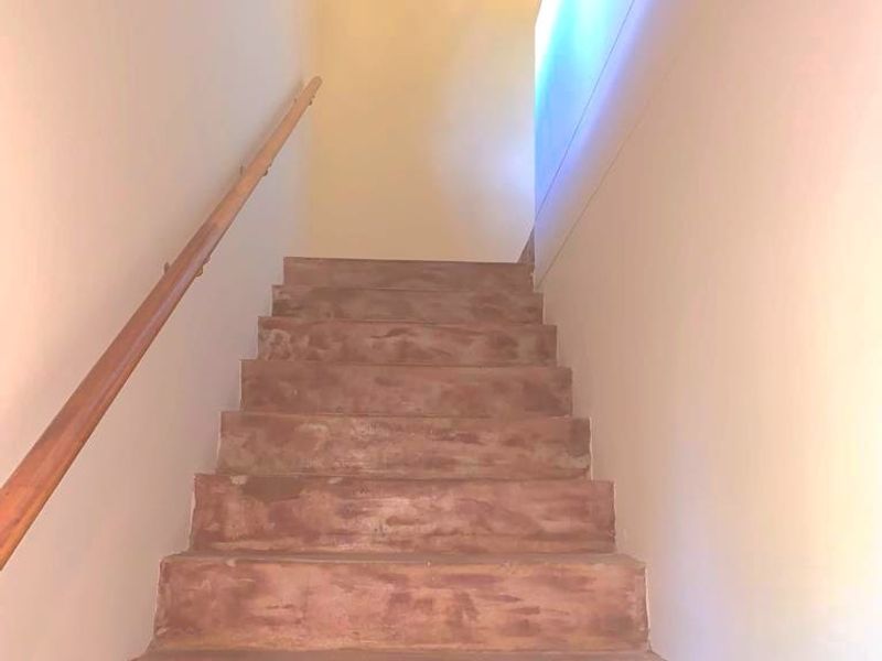 A simple interior staircase featuring a wooden handrail and exposed roof rafters, leading to an upper level.