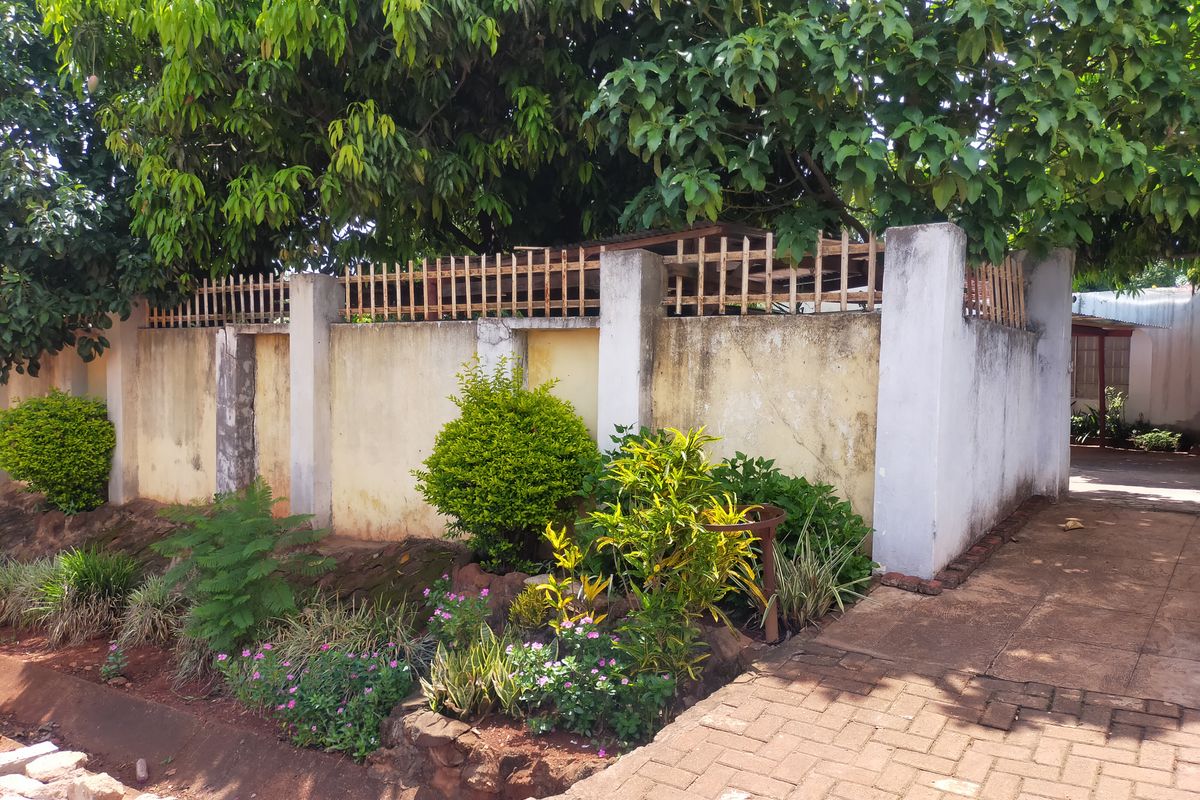 A rear garden area featuring a boundary wall with timber fencing, mature trees, and a paved walkway.