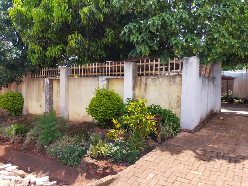 A rear garden area featuring a boundary wall with timber fencing, mature trees, and a paved walkway.