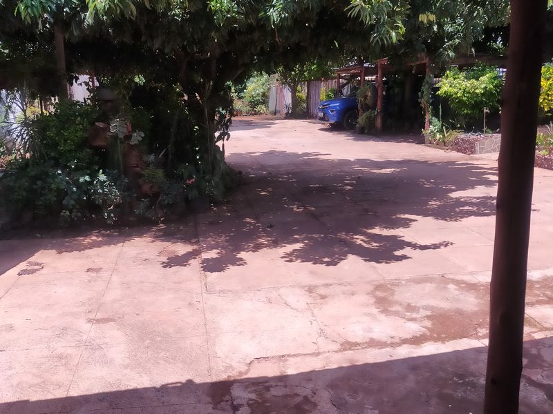 A view of a paved rear driveway area featuring a covered patio space with a timber support post and mature trees.