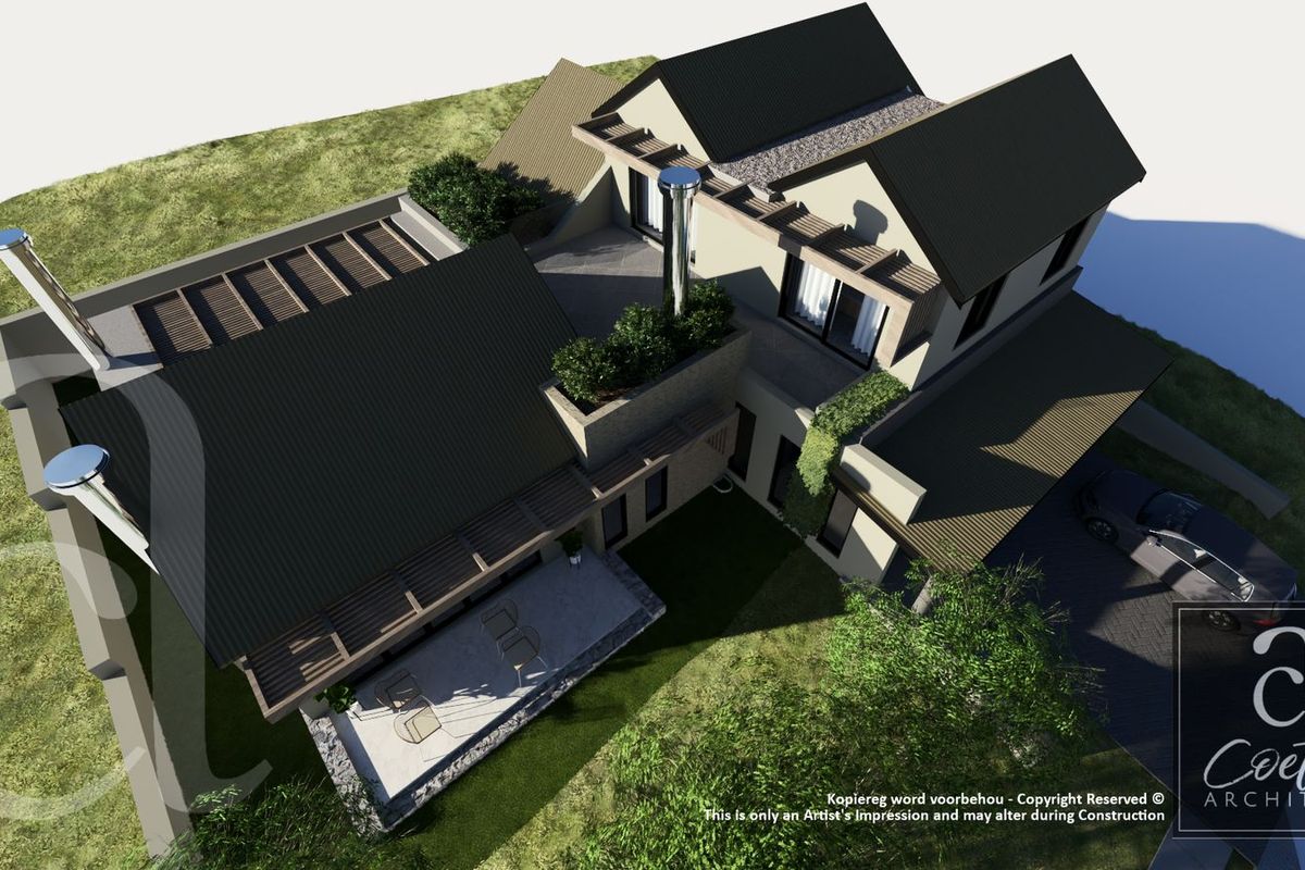 An aerial 3D architectural rendering of a modern residential property featuring pitched roofs, integrated chimneys, and outdoor patio spaces.