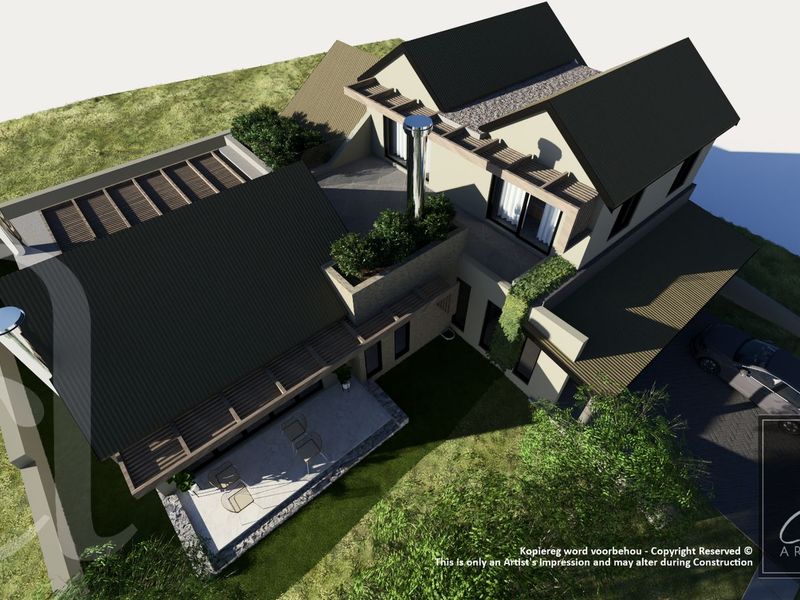 An aerial 3D architectural rendering of a modern residential property featuring pitched roofs, integrated chimneys, and outdoor patio spaces.