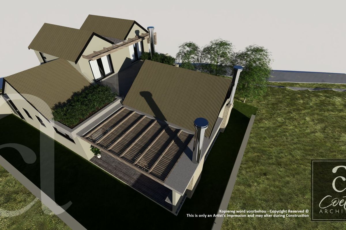 An aerial architectural render showing the roof structure, timber pergola, and exterior layout of the proposed house design.