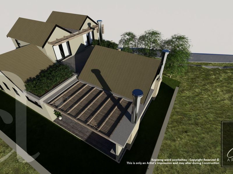 An aerial architectural render showing the roof structure, timber pergola, and exterior layout of the proposed house design.