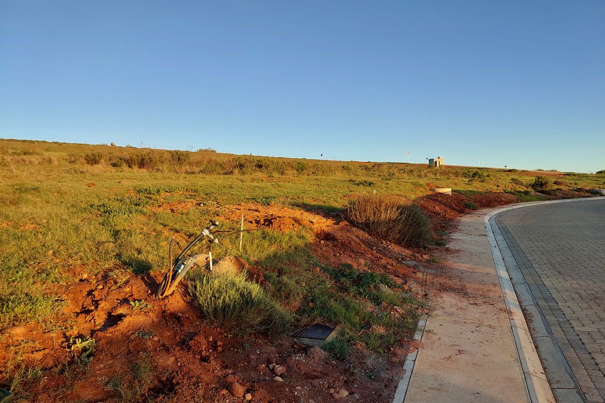 A view of a paved sidewalk and verge area showing an exposed utility connection point and undeveloped land in a residential estate.