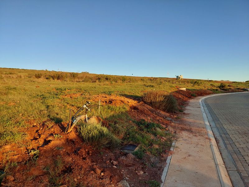 A view of a paved sidewalk and verge area showing an exposed utility connection point and undeveloped land in a residential estate.