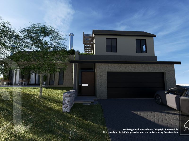 Architectural rendering of a modern two-story house featuring stone cladding, a paved driveway, and an integrated garage.