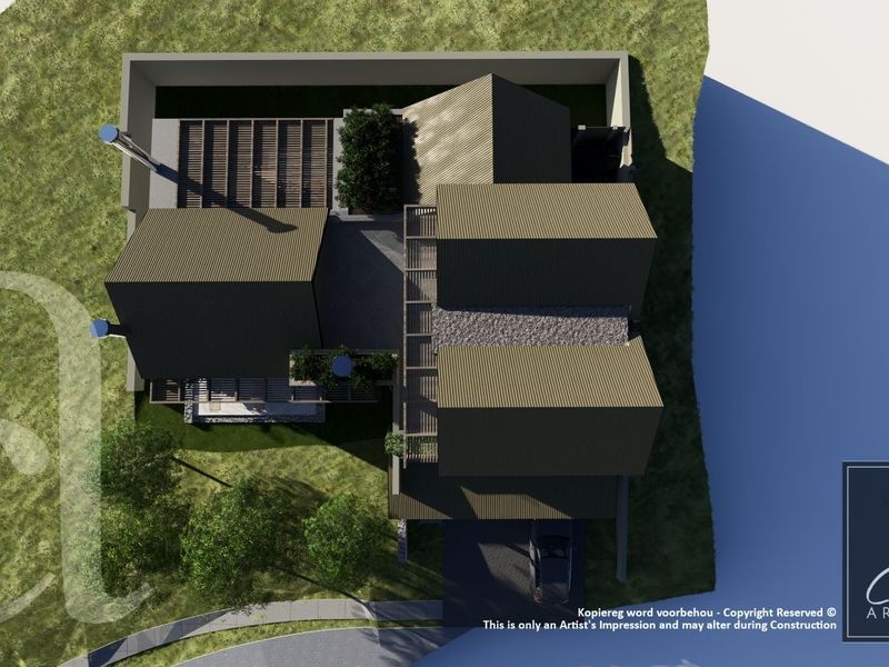 An architectural 3D site plan rendering showing the roof layout, driveway, and outdoor structures of the proposed house design.