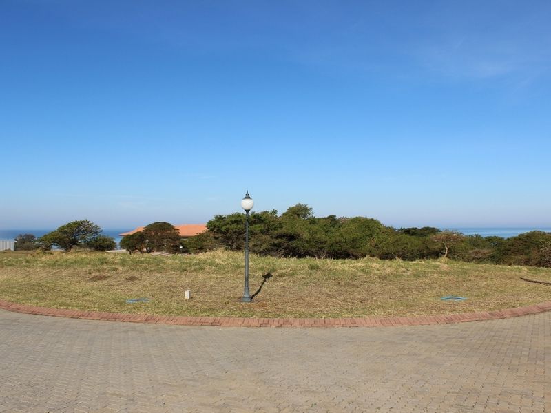 A vacant residential plot featuring a paved driveway, a central lamp post, and established coastal vegetation with a distant ocean view.