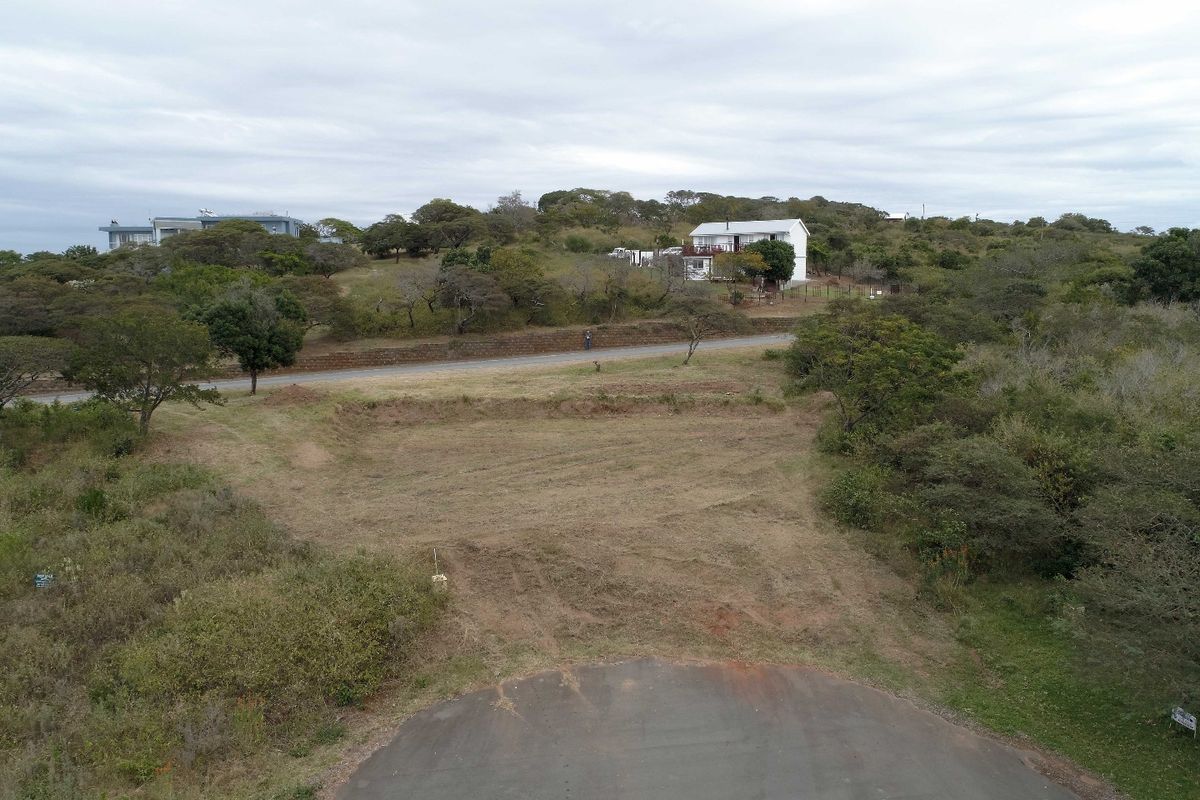 An aerial view of a vacant residential plot featuring natural vegetation, sloped terrain, and direct access to a paved road.