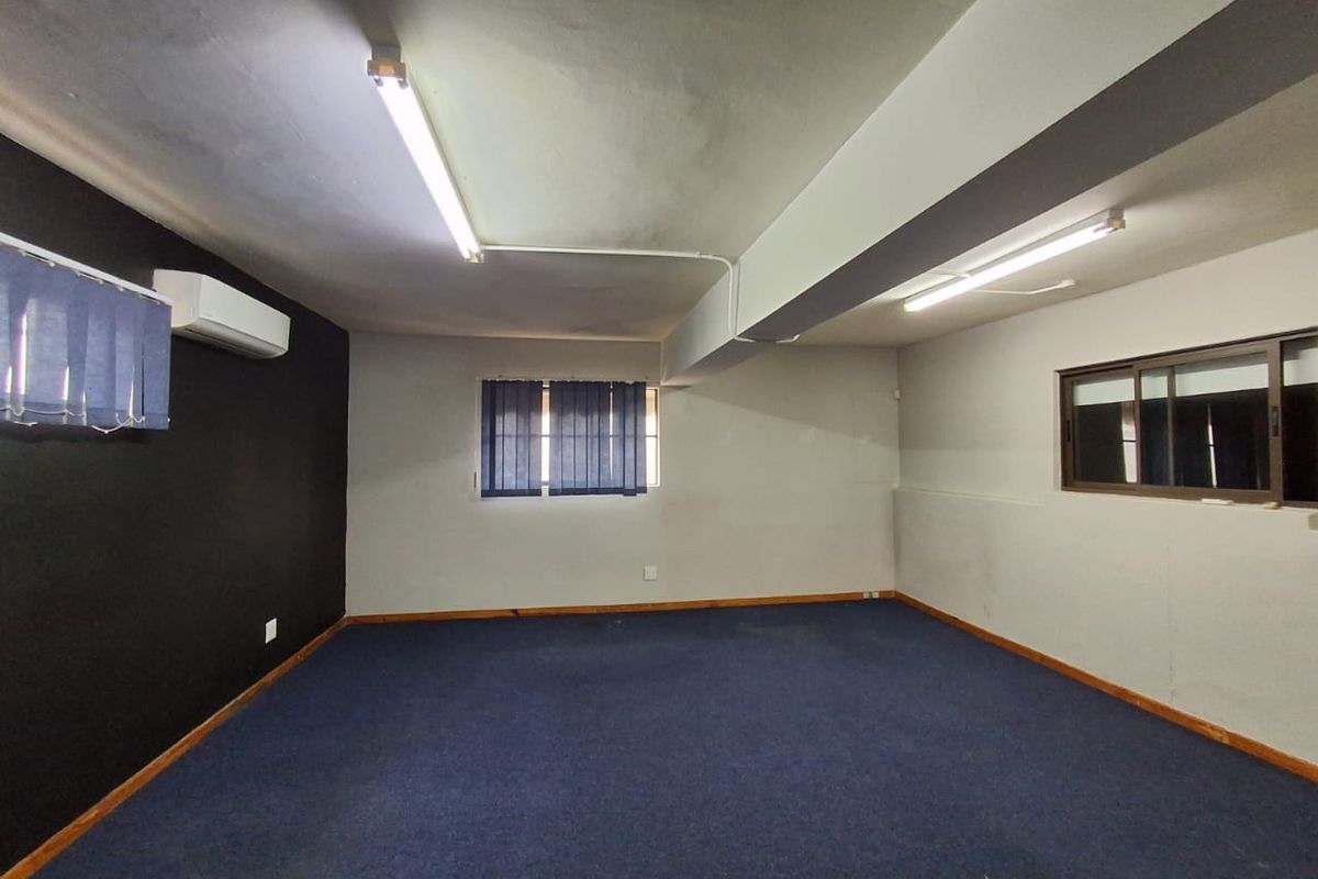 An empty office space featuring blue carpeting, split-system air conditioning, and functional fluorescent lighting, suitable for a professional workspace setup.