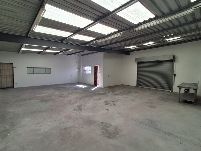 Spacious industrial utility space featuring concrete flooring, exposed steel roof trusses with translucent panels for natural light, and a large roller shutter door.