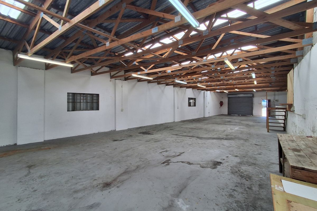 Spacious industrial utility area featuring exposed timber roof trusses, concrete flooring, fluorescent lighting, and a secure roller shutter door access.