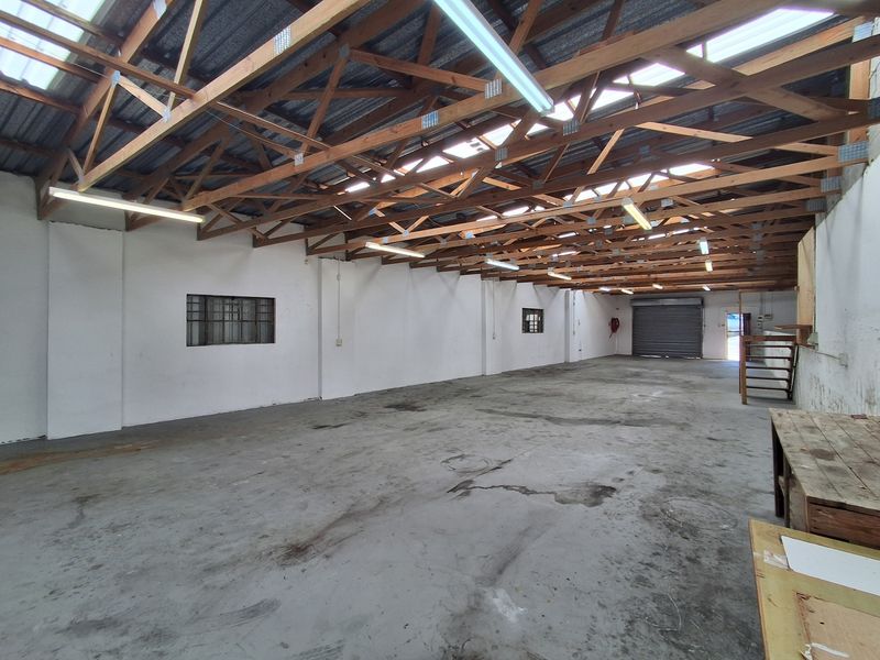 Spacious industrial utility area featuring exposed timber roof trusses, concrete flooring, fluorescent lighting, and a secure roller shutter door access.