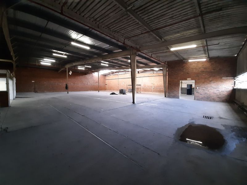 Spacious industrial warehouse unit featuring exposed brick walls, concrete flooring, high ceilings with steel trusses, and integrated fire sprinkler system.